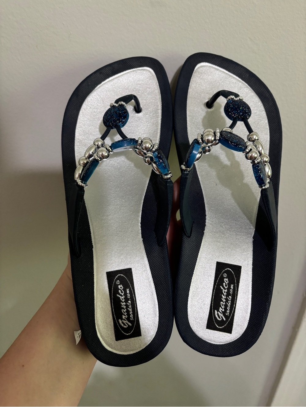 Grandco Sandals Navy Beaded Thong Sandals NWT 9